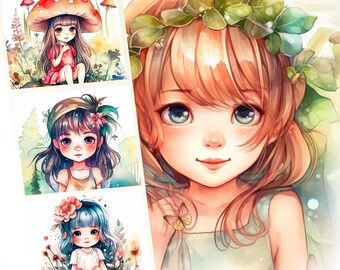 Cute Chibi Fairy Clipart, Floral Magical Anime Girl Cartoon Watercolor Girls Little Princess Forest Nature Mushrooms Design Jpg High quality