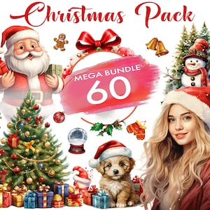 Kerst clipart mega bundel aquarel 60 PNG feestelijke feestdagen Santa Snowman kerstboom scrapbook papier ambachten digitale download