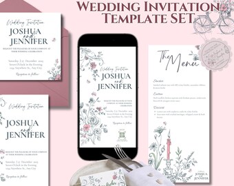 Minimalist Floral Wedding Invitation – Canva Editable Set with Menu, Seating Chart, Thank You Tag