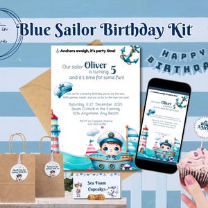 Blue Sailor Birthday Invitation Kit – Nautical Party Invitations, Editable Templates for Boys & Girls, Digital Download for Sailor Party