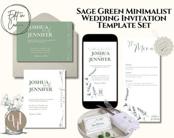 Sage Green Wedding Invitation Set – Minimalist Canva Template with Menu, Seating Card & Sticker