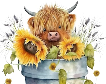 Highland Cow With Sunflowers [PNG] Digital Download
