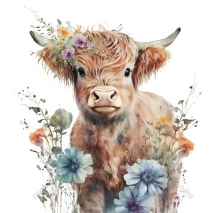 Highland longhaired Cow PNG, cute cow sublimation, flowers PNG graphic, watercolor clipart, cow baby, Highland calf PNG digital download