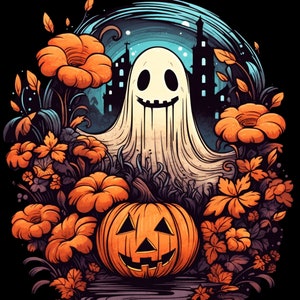 Halloween PNG, Spooky Ghost, Autumn sublimation design, Fall PNG, Pumpkins, leaves PNG, Watercolor Sublimation, Instant download, Ghouls