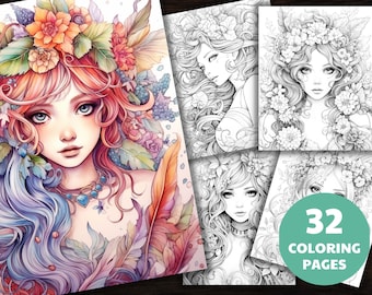 Delicate Forest Fairy Girls Fantasy Anime Coloring Page, Adults + kids- Instant Download - Grayscale Coloring Page - Gift, Printable Art PDF
