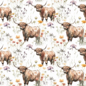 May include: A seamless pattern featuring watercolour illustrations of brown Highland cattle standing in a field of wildflowers. The flowers are in shades of pink, purple, yellow, and orange.