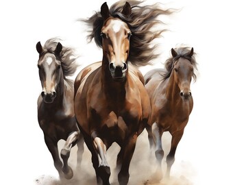May include: Three brown horses running in a cloud of dust, with the lead horse's mane flowing in the wind.