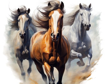 May include: Three horses running in a field, one brown, one white, and one gray. The brown horse is in the foreground and the other two are in the background. The horses are running with their manes flowing in the wind.