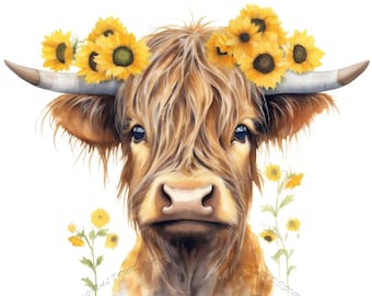 Highland Cow With Sunflowers [PNG] Digital Download
