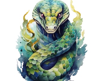 Könnte beinhalten: Ein Aquarellbild einer grünen Schlange mit roten Augen, die sich in einer Abwehrhaltung zusammengerollt hat. Die Schlange ist von einem blauen und grünen Aquarellhintergrund umgeben.