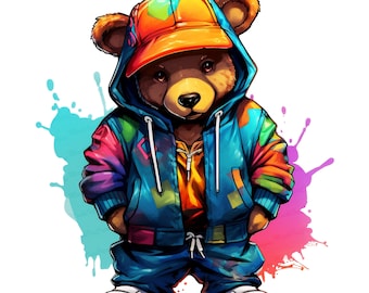 Teddy Bear Colorful PNG, Hip Hop PNG, T-Shirt Designs, Sublimate Designs, Graffiti Teddy Bear, Hip Hop Teddy Bear, Gangster Teddy Bear PNG