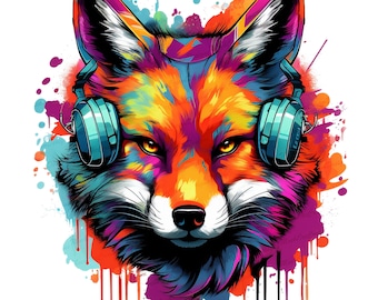 Hip Hop Fox PNG, Fox With Headphones Colorful Art Design PNG for Sublimation, Tshirt PNG, Sublimation Designs,Sublimation Designs for Shirts