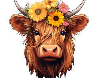 Highland Cow With Sunflowers [PNG] Digital Download