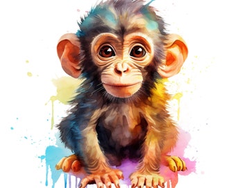 Baby Monkey PNG, Monkey PNG, Watercolor Monkey Clipart, Colorful Monkey PNG, Sublimation designs, Printable, Sublimation Designs for Shirts