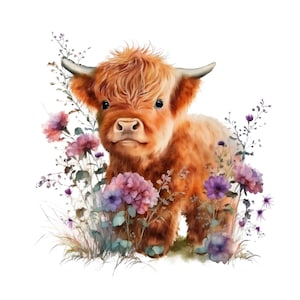 Highland longhaired Cow PNG, cute cow sublimation, flowers PNG graphic, watercolor clipart, cow baby, Highland calf PNG digital download