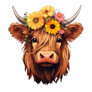 Highland Cow With Sunflowers [PNG] Digital Download