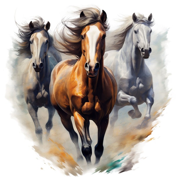 3 Pferde Png, Sublimation Design, Western, Sublimation Pferd Transfer, Digital Downloads Aquarell handgezeichnet. Mustang Paint Pony, Pferd