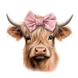Highland longhaired Cow PNG, cute cow sublimation, flowers PNG graphic, watercolor clipart, cow baby, Highland calf PNG,highland cow bow png