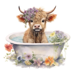 Highland longhaired Cow PNG, cute cow sublimation, flowers PNG graphic, watercolor clipart, cow baby, Highland calf PNG digital download