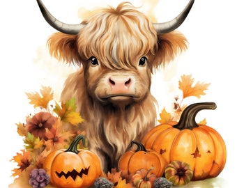 Pumpkin Png Sublimation Design Download, Cute Highland Cow Png, Fall Png, Autumn Png, Baby Highland Cow Png Sublimation Design