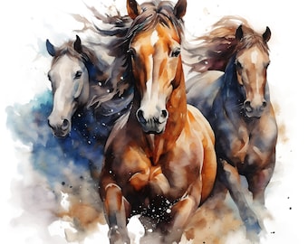 May include: Watercolor painting of three horses running, with the front horse in focus. The horses are brown, gray, and black with flowing manes and tails. The background is a watercolor wash of blue and brown.