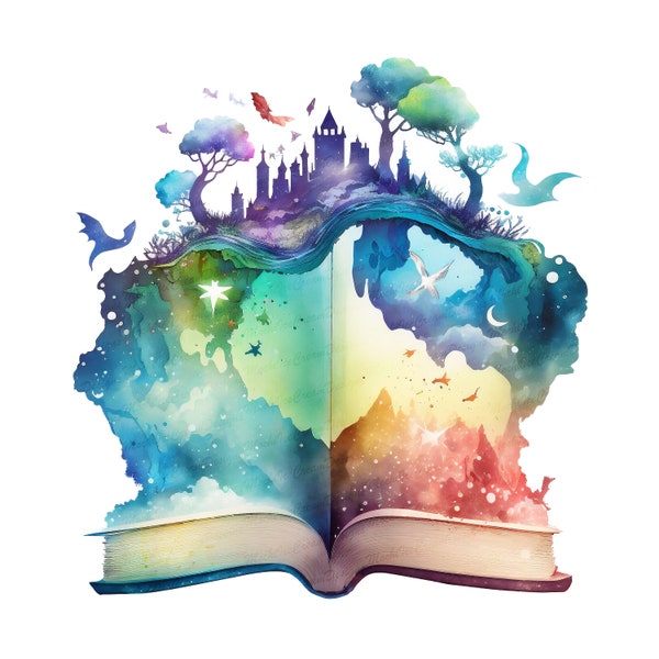 Castle Open Book Clipart, Fantasy Books, Vintage Book, Magic Books, Watercolor Png, Fantasy Clipart, Watercolor Open Book Clipart, Castle