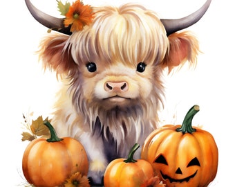 Pumpkin Png Sublimation Design Download, Cute Highland Cow Png, Fall Png, Autumn Png, Baby Highland Cow Png Sublimation Design