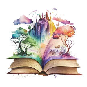 Aquarel kasteel open boek clipart PNG, Fantasy boeken clip art boek PNG, magische boeken sprookjeskasteel PNG betoverde bos bloemen clipart