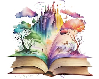 Puede incluir: Un libro abierto con una ilustración de acuarela de un castillo arcoíris en una montaña, rodeado de árboles y nubes. El libro está abierto para revelar una escena mágica.