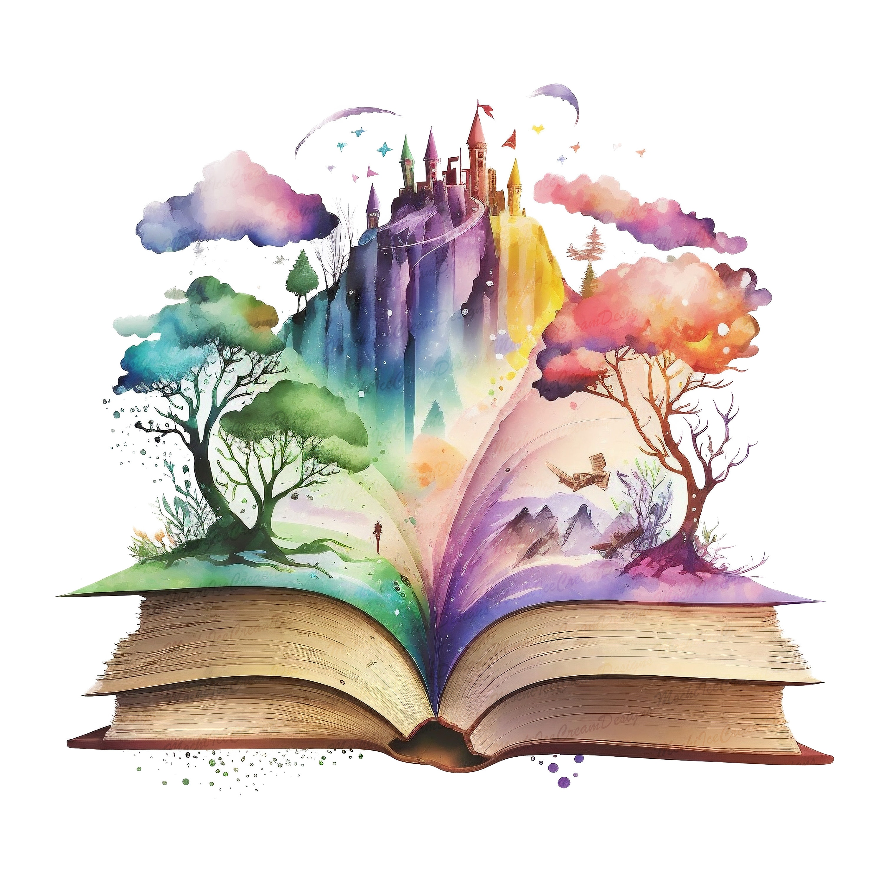 Watercolor Castle Open Book Clipart PNG, Fantasy Books Clip Art Book ...