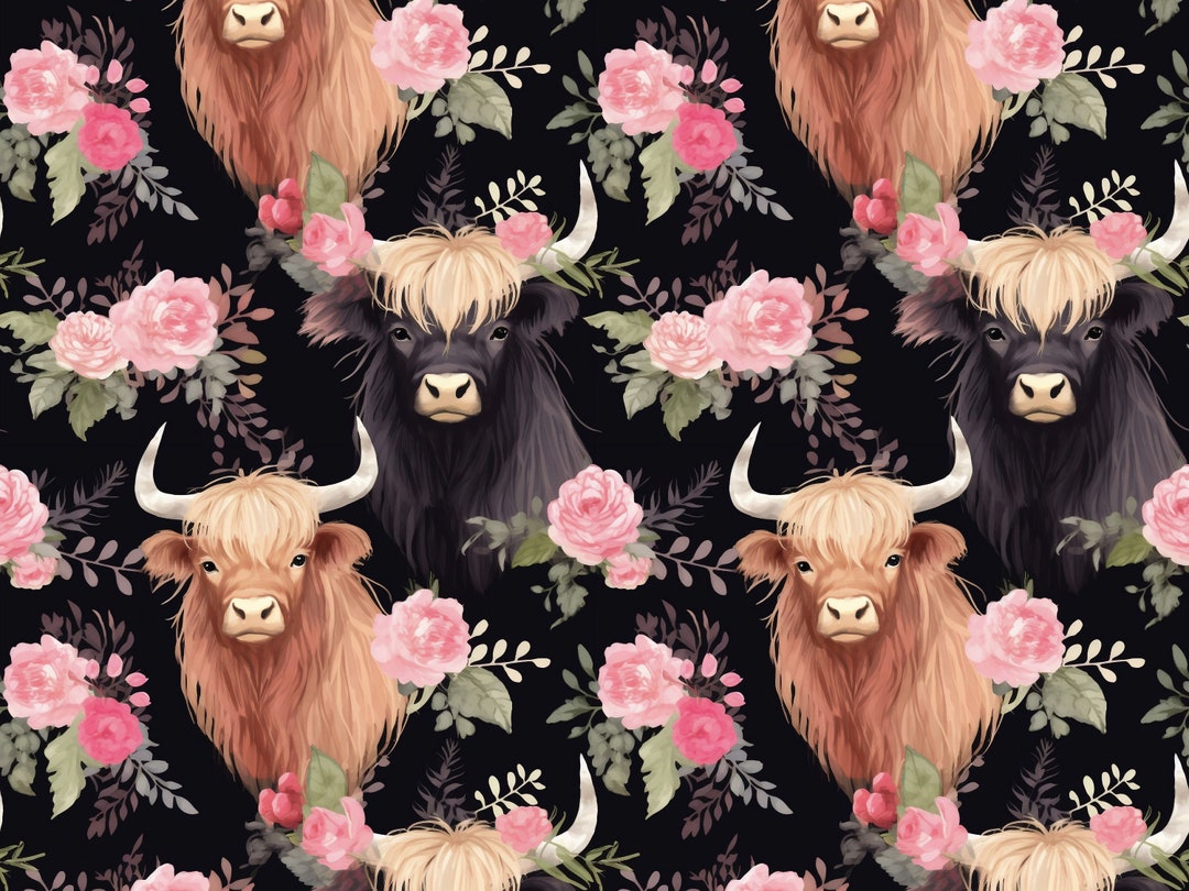Highland Cow Floral Seamless Pattern, Charlotte Boho Floral Pattern for ...