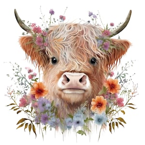 Vaca de cabelos compridos das montanhas PNG, sublimação de vaca fofa, gráfico de flores PNG, clipart em aquarela, bebê de vaca, download digital de bezerro de Highland PNG