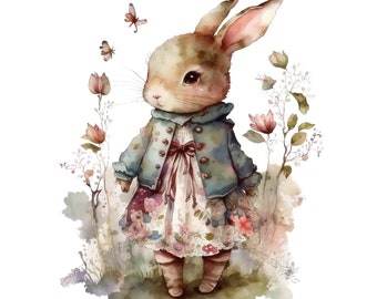 Watercolor Bunny with Flowers Clipart, Clipart for commercial use, Transparent PNG, Nursery Spring Clipart, Easter Bunny, Wall Art, Flowers