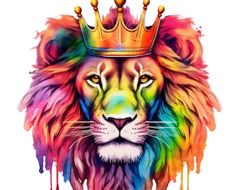 Lion PNG, Colorful Lion Sublimation, Lion Portrait PNG, Lion Illustration, DTG Printing, T-shirt Sublimation, rainbow lion wearing crown