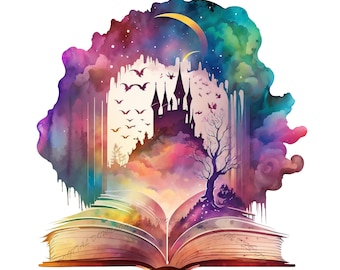 Puede incluir: Una ilustración de acuarela de un libro con un castillo y una luna creciente que emergen de las páginas. El castillo está rodeado de nubes y estrellas, y la luna es de color amarillo dorado.