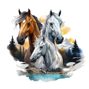 3 chevaux Png, Sublimation Design, Western, sublimation horse transfer, Digital Downloads aquarelle dessinée à la main. peinture mustang poney, cheval