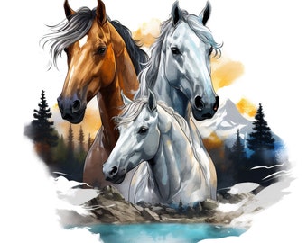 May include: Three horses standing together in a watercolor painting. The horses are brown, white, and gray. The background is a watercolor painting of a mountain range and trees.