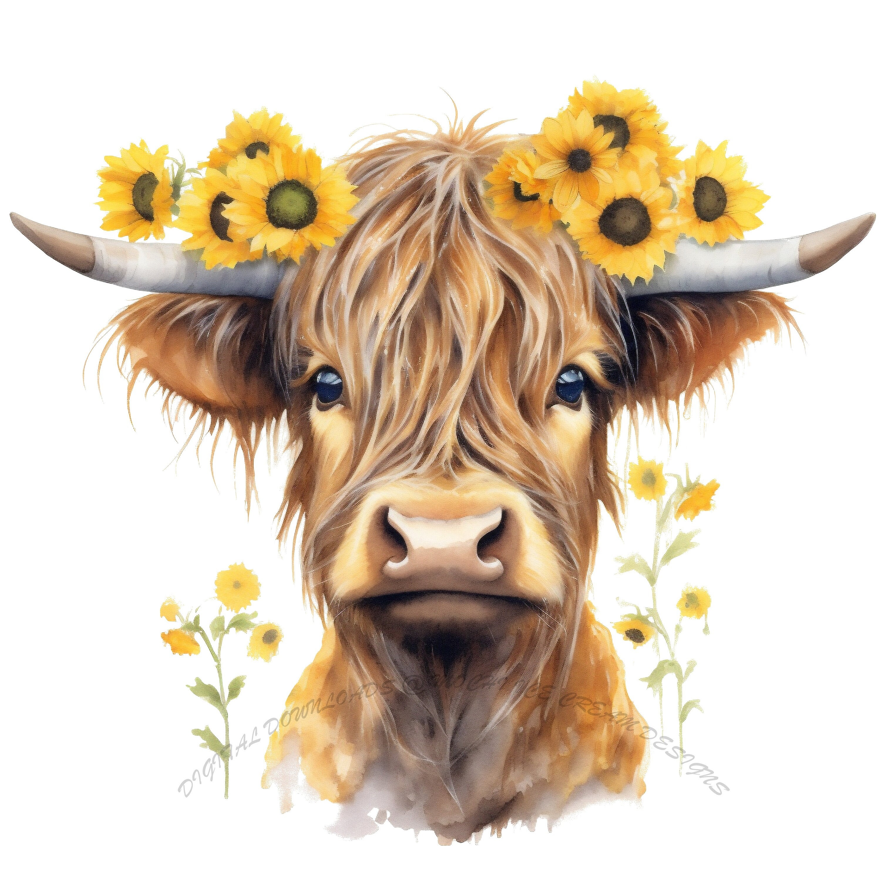 Highland Cow with Sunflowers Watercolor PNG for (2532107)