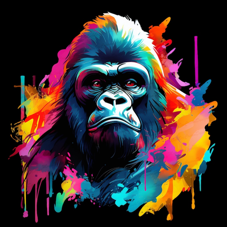 May include: A colorful abstract illustration of a gorilla's face with splashes of paint in shades of blue, yellow, pink, and orange.
