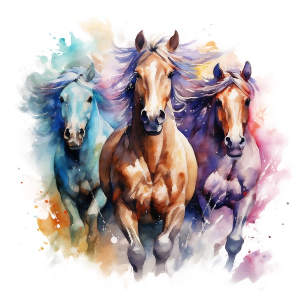 3 horses Png, Sublimation Design, Western, sublimation horse transfer, Digital Downloads watercolour hand drawn. mustang paint pony, horse