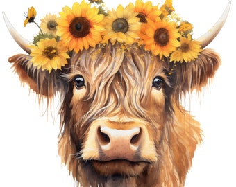 Highland Cow With Sunflowers [PNG] Digital Download