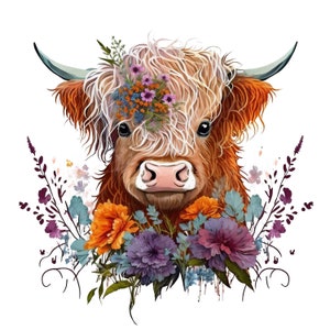 Highland longhaired Cow PNG, cute cow sublimation, flowers PNG graphic, watercolor clipart, cow baby, Highland calf PNG digital download