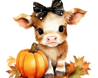 Pumpkin Png Sublimation Design Download, Cute Highland Cow Png, Fall Png, Autumn Png, Baby Highland Cow Png Sublimation Design