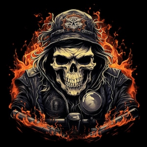 Outlaw Biker Skull with fire. Instant Download, 300dpi PNG for sublimation, Heat Press Print Digital, Skull PNG, Commercial Use