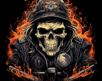 Teschio motociclista fuorilegge con fuoco. Download istantaneo, PNG 300dpi per sublimazione, Stampa digitale a caldo, PNG teschio, Uso commerciale