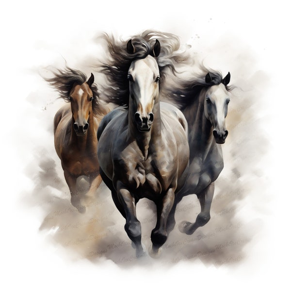 3 horses Png, Sublimation Design, Western, sublimation horse transfer, Digital Downloads watercolour hand drawn. mustang paint pony, horse