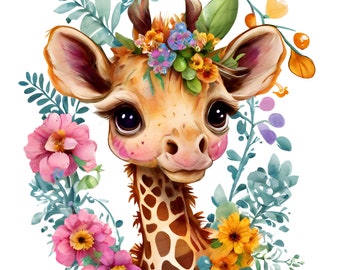 Cute baby giraffe png, digital design, transparent file png, sublimation, printable, Floral Giraffe Clipart, Nursery Decor, Baby Shower PNG