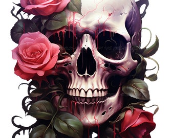 Crâne avec roses PNG | Conception de sublimation du crâne | Crâne à la mode PNG | Jour des Morts | Illustration de crâne dessinée à la main PNG | Numérique