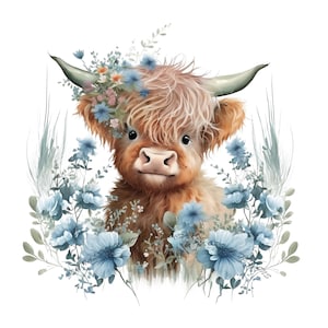 Highland longhaired Cow PNG, cute cow sublimation, flowers PNG graphic, watercolor clipart, cow baby, Highland calf PNG digital download