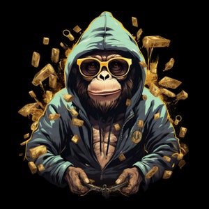 Pode incluir: Uma ilustração de desenho animado de um macaco vestindo um moletom com capuz azul e óculos de sol amarelos. O macaco está cercado por moedas de ouro e parece estar segurando um controle.